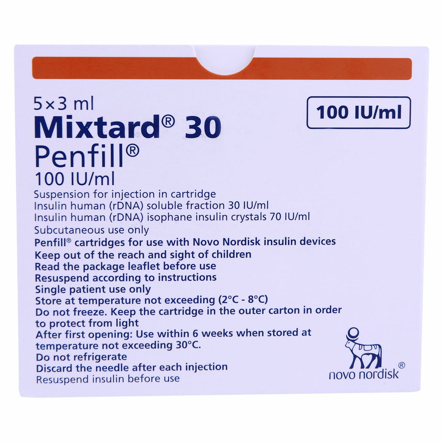 Mixtard30Hm 100U/ml 3mlx5Penfill (Refrigerated)
