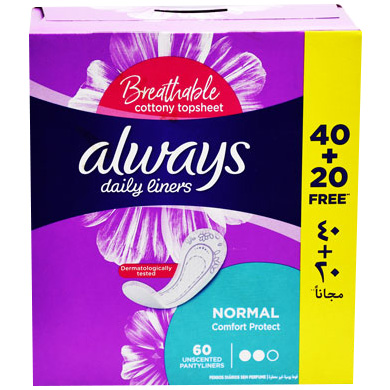 Always Daily Liners Comfort Protect Normal 40+20 Pieces (Offer Pack)