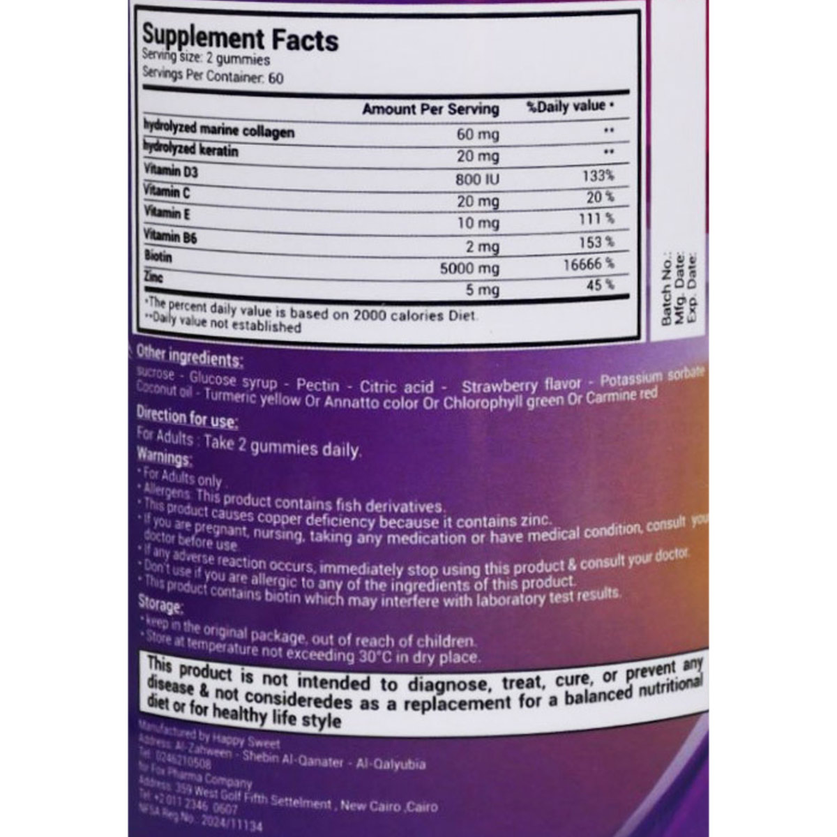 Blue Life Hair Skin and Nails Strawberry Flavor 120 Gummies image number 2