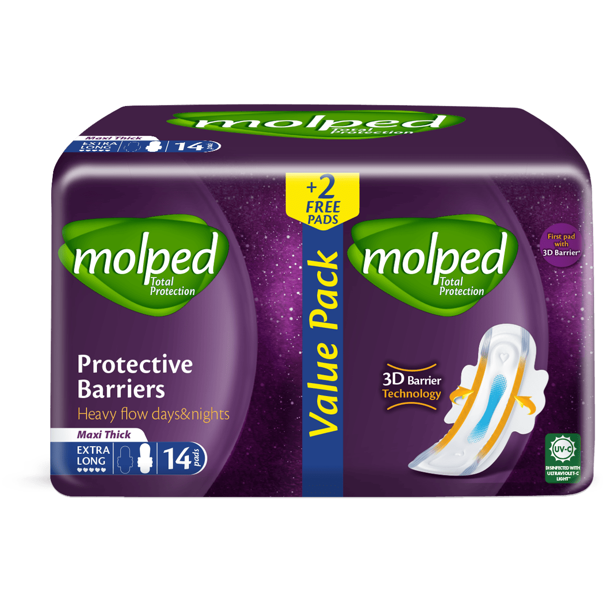 Molped Total Protection Maxi Thick Extra Long 12 Pieces+2 Pieces Free (Offer Pack)