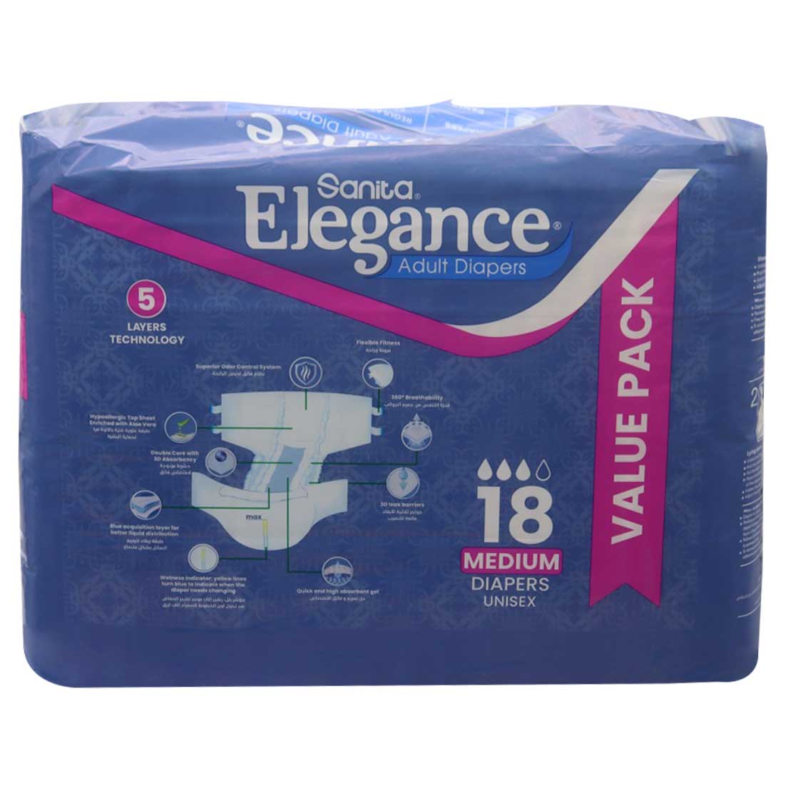 Sanita Elegance Adult Diaper Medium 18 Pieces