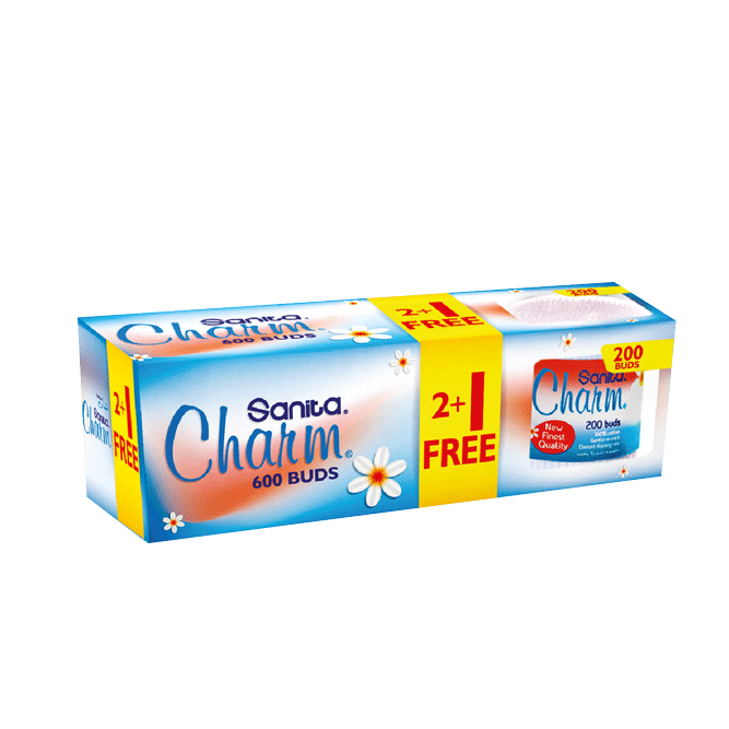 Sanita Charm Cotton Buds 200 Pieces 2 Boxes +1 Box Free Gift (Offer Pack)