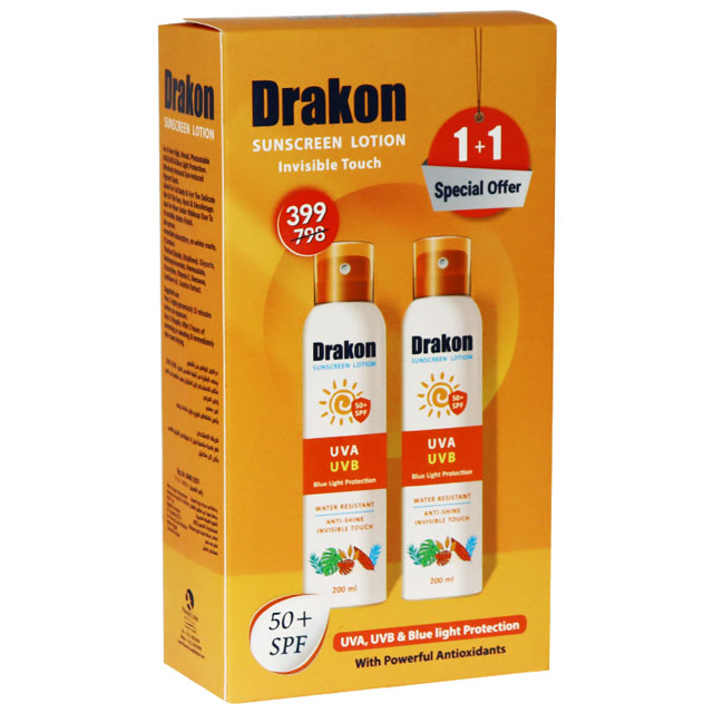Drakon Sunscreen SPF (50+) Lotion 2X200ml 1+1 Free (Offer Pack)