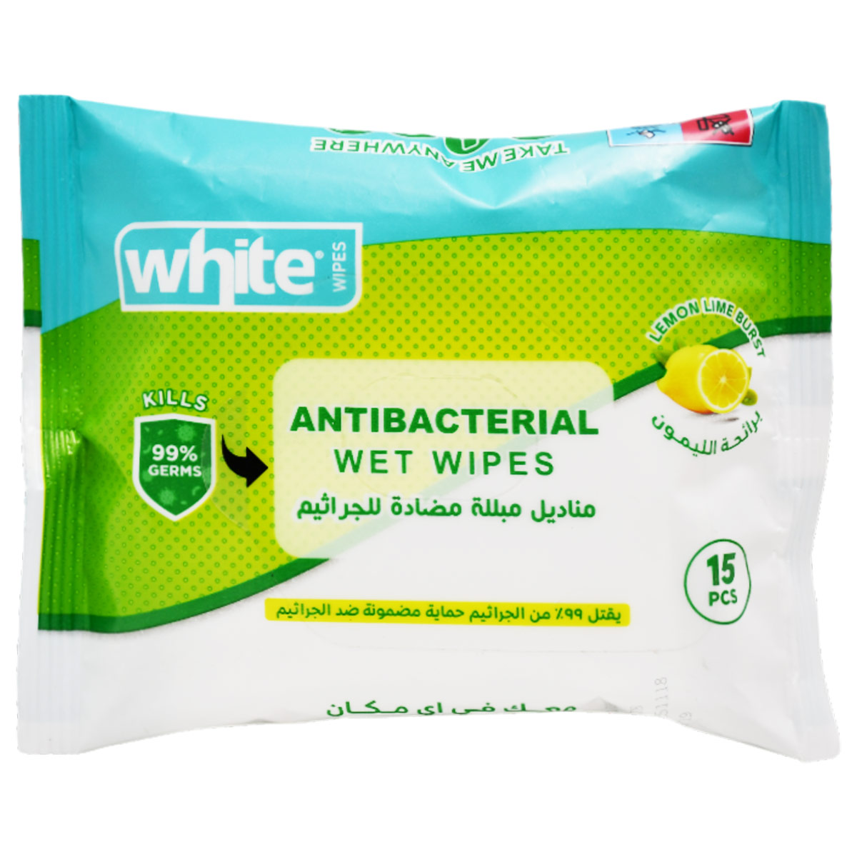 White Antibacterial Lemon Lime Wet Wipes 15 Pieces