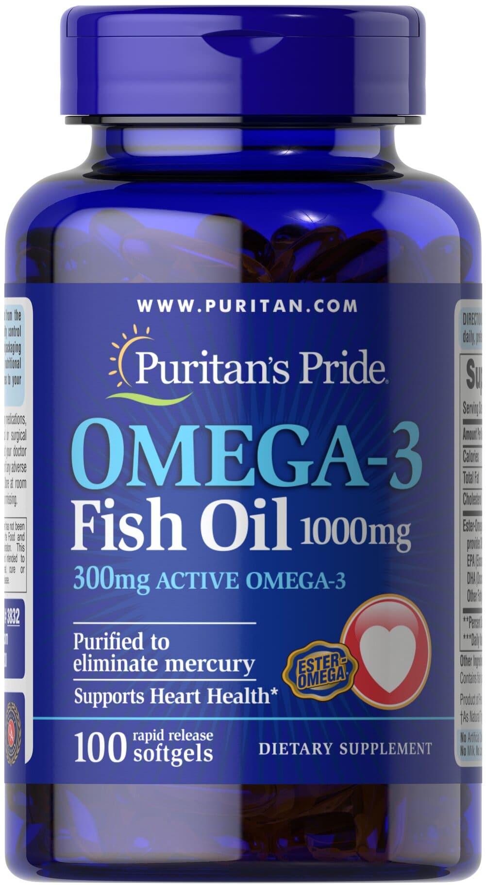 Puritan's Pride Omega 3 Fish Oil 1000 Mg 100 Softgels image number 0