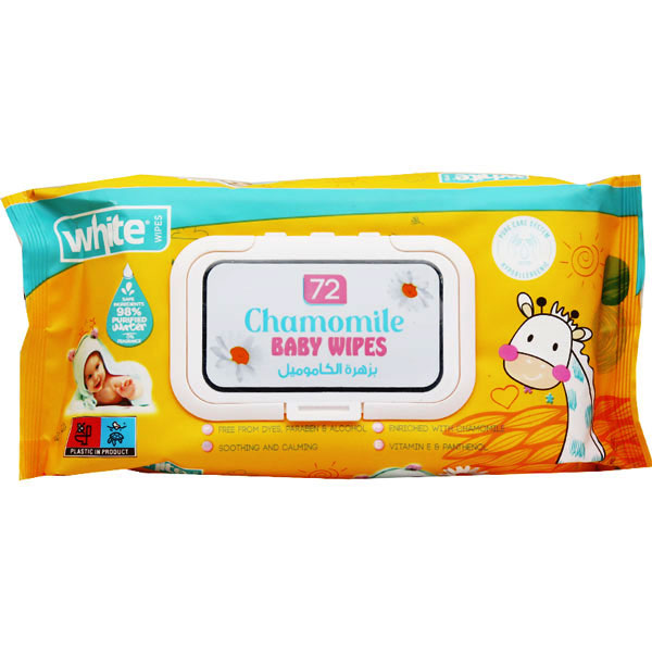 White Baby Wipes Chamomile with Cap 72 Pieces
