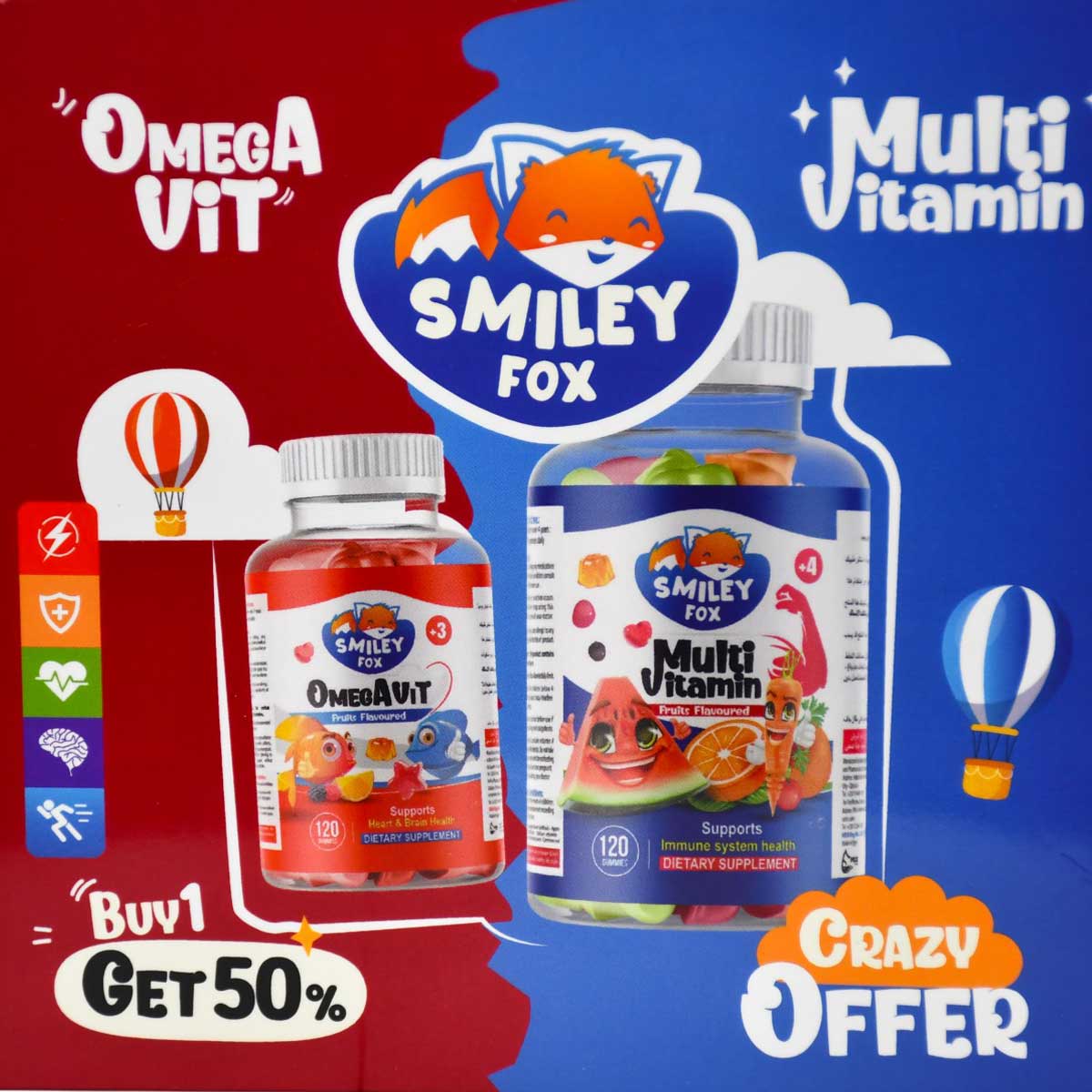 Smiley Fox Multivitamin + Omega vit (120+120) Gummies (Offer Pack)