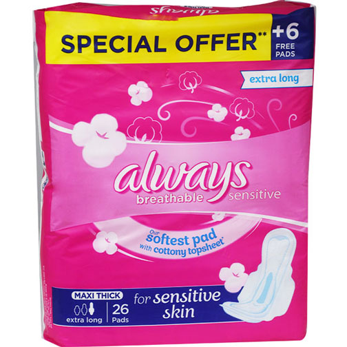 Always Breathable Sensitive Maxi Extra Long 26 pieces( Offer Pack )