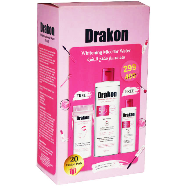 Drakon Whitening Micellar Water Make Up Remover( 500ml+100ml+20 Cotton pads ) (Offer Pack)
