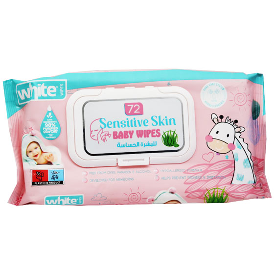 White Baby Wipes Sensitive Skin with Cap 72 Pieces