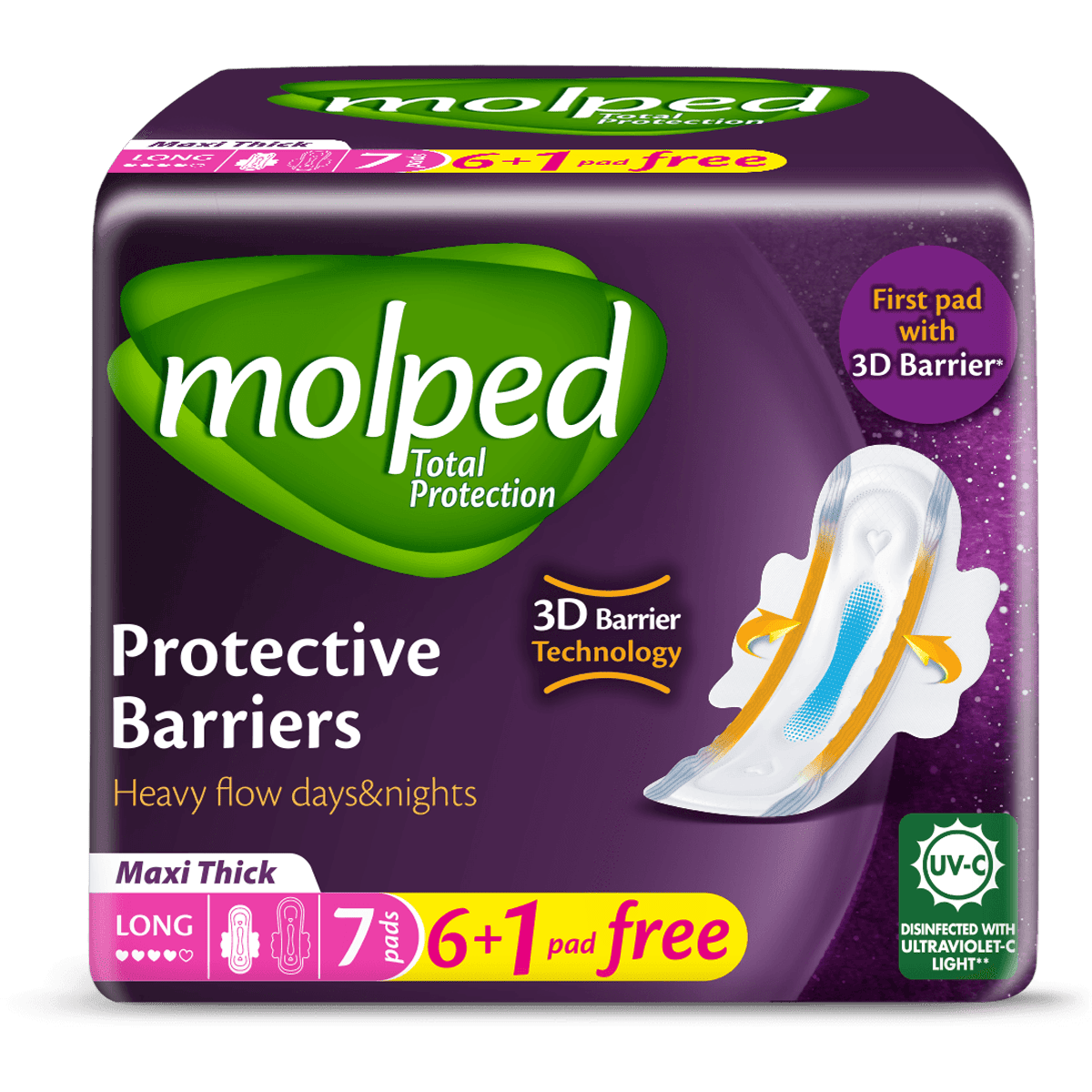 Molped Total Protection Maxi Thick Long 6 Pieces + 1 Piece Free Gift (Offer Pack)
