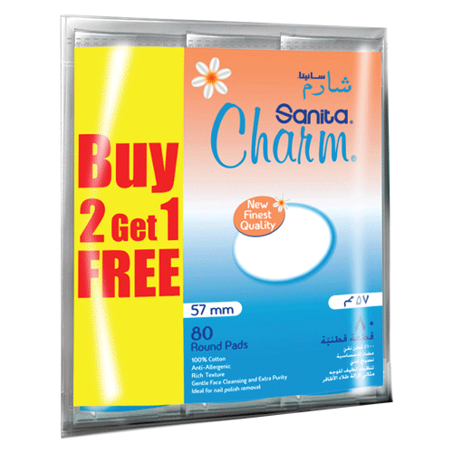 Sanita Charm Round Pads Cotton 80 Pieces 2 Boxes +1 Box Free Gift (Offer Pack)