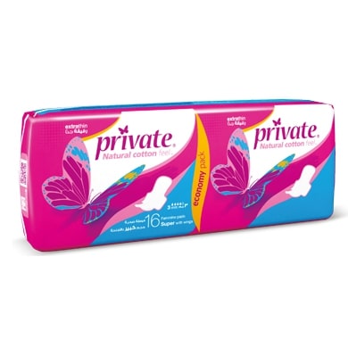 Private Natural Cotton Feel Extra Thin Super With Wings 16 Pieces