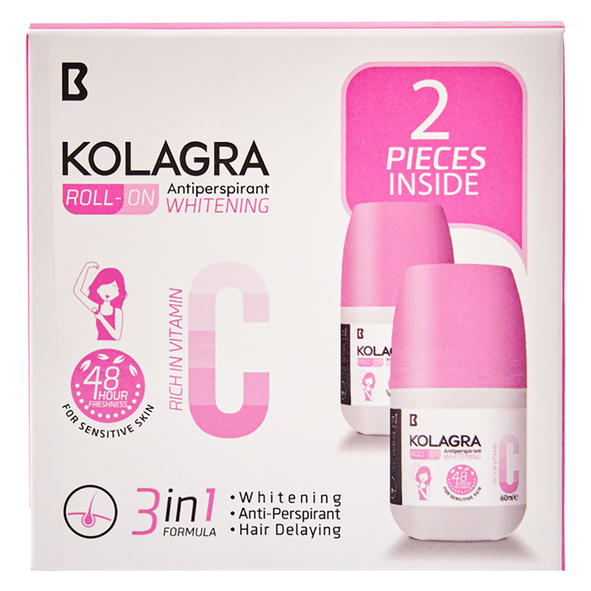 Kolagra Whitening Anti Perspirant 3 In 1 Roll On 2X60ml (Offer Pack)
