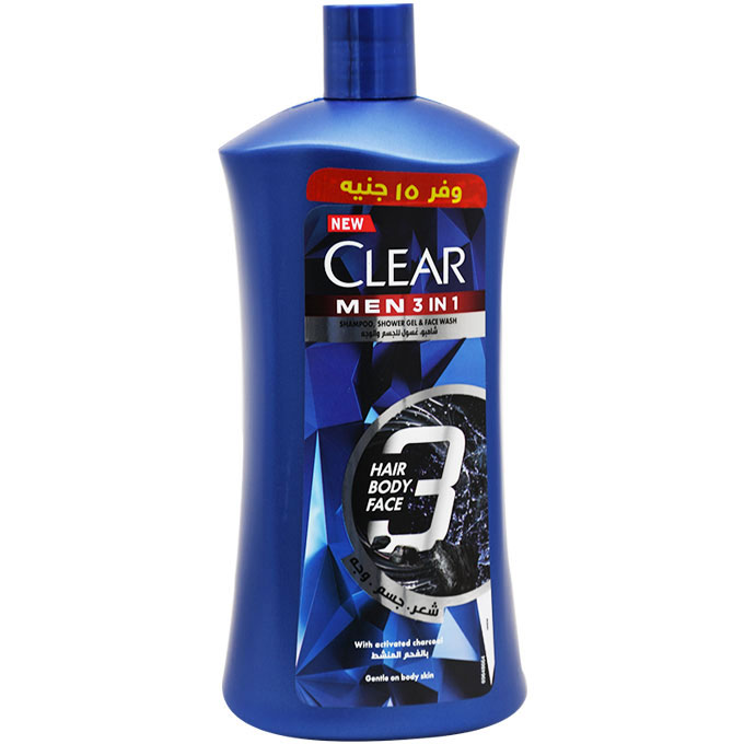 Clear Men 3*1 With Active Charcoal 900ml Discount 15 L.E (Offer Pack)